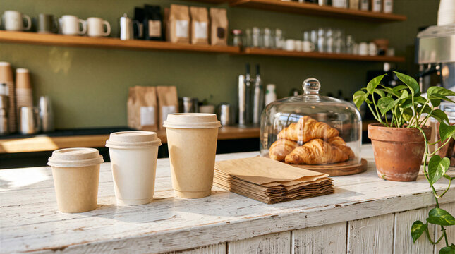 Coffee shop counter with takeaway cups, croissants in a glass dome, and paper bags on a rustic wooden table