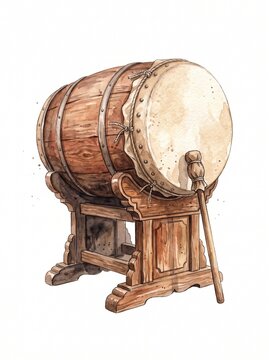 Watercolor illustration of traditional Indonesian bedug mosque drum with mallet for Ramadan