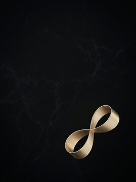 A quiet-luxury 3D infinity ribbon in brushed champagne gold on deep obsidian, designed for corporate IR report covers, annual reports, and executive presentations with generous dark copy space.