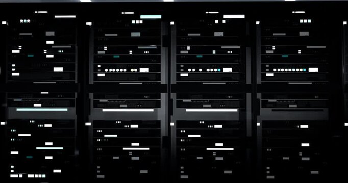 Rows of computer server racks with flashing led lights in data center