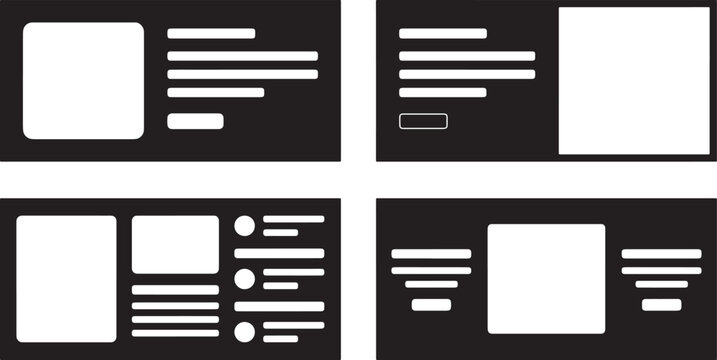 Set of four minimalist black and white wireframe website layout templates with placeholders for images and text content
