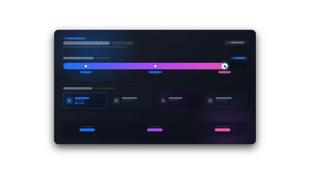 Futuristic dark wireframe user interface modal with animated cursor dragging slider precisely between milestone nodes with dual stops, selecting menu cards.