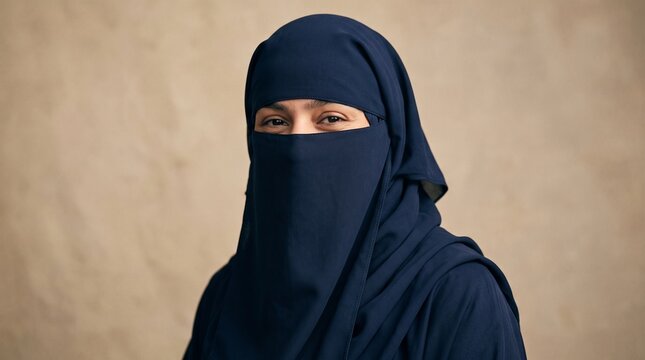 Portrait of a Muslim Woman Wearing a Blue Niqab and Hijab