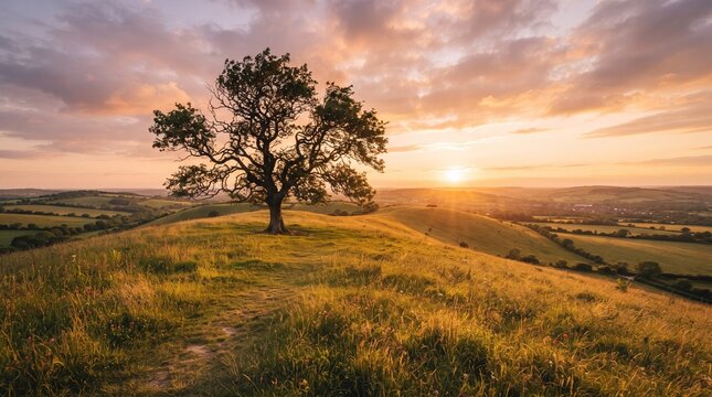A lone, majestic tree stands on a rolling hill, silhouetted against a breathtaking sunset. The golden light bathes the landscape, creating a serene and tranquil scene