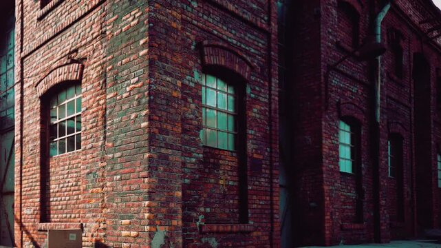 Red brick walls of an aged factory structure feature tall window frames with glass panes reflecting light during the evening as shadows fall across the textured surface of the historical masonry wall