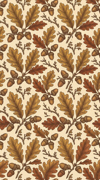 Seamless autumn oak leaf pattern with clustered acorns and twigs engraving