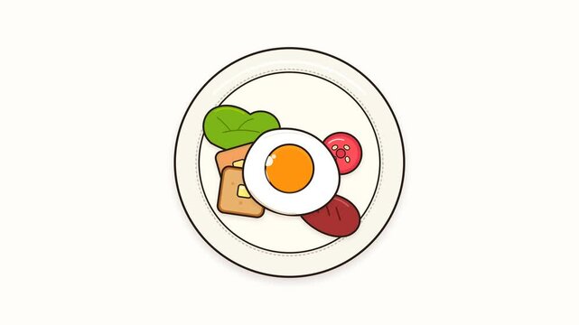 2D Animated Breakfast Plate with Fried Egg, Buttered Toast, Sausage, Tomato, and Greens