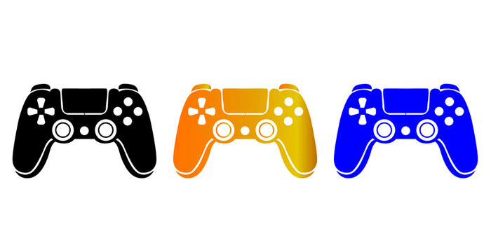 Game controller icon set, Playstation style controller illustration, Black orange blue gamepad vector, Video game controller silhouette, Gaming joystick icon, Console gamepad logo, Three game controll