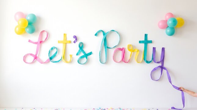 Lets Party text made of colorful paper streamers with balloons on white wall