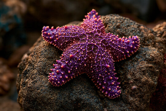 Purple starfish resting on a dark rocky surface near the ocean shore with sea star