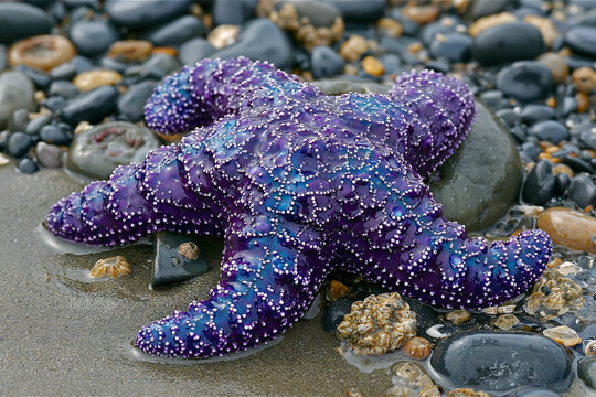 Detailed view of a textured purple sea star on damp pebbles at the beach with marine life