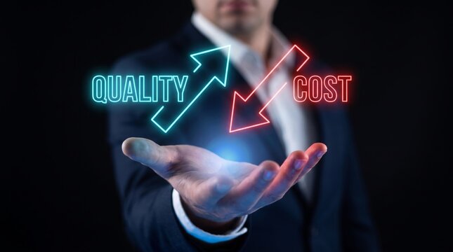 Businessman holding neon arrows showing quality up and cost down