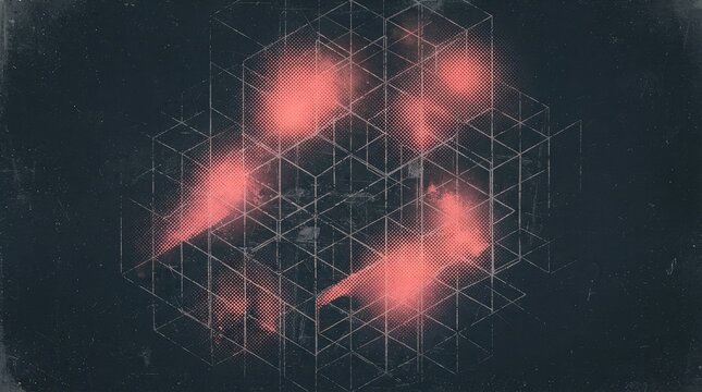 Abstract geometric background featuring intersecting isometric wireframe cubes with red halftone patterns high resolution stock photo