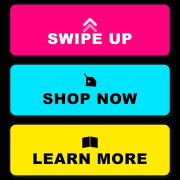 Neomorphic animated social media call to action buttons swipe up shop now and learn more