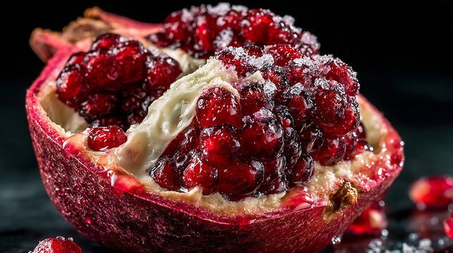 Fresh ripe pomegranate halved revealing ruby red seeds with nutrition