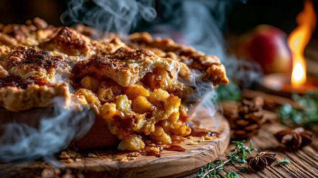 Freshly baked pie steaming on a wooden cutting board with spices