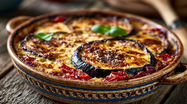 Freshly baked eggplant parmesan casserole in a rustic ceramic dish