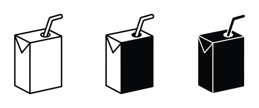 Carton drink icons, juice box packaging, beverage container symbols, straw attached cartons, fruit drink illustrations, retail packaging elements, clean vector graphics.