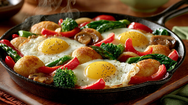 Delicious fried eggs with vegetables and potatoes in a cast iron skillet