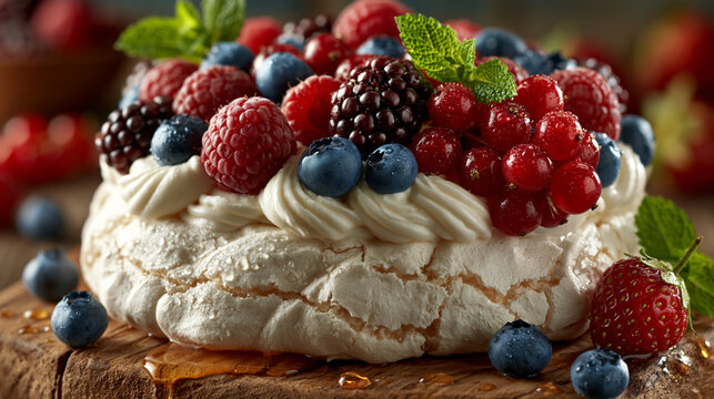 Fresh pavlova cake topped with mixed berries and whipped cream on a wooden board