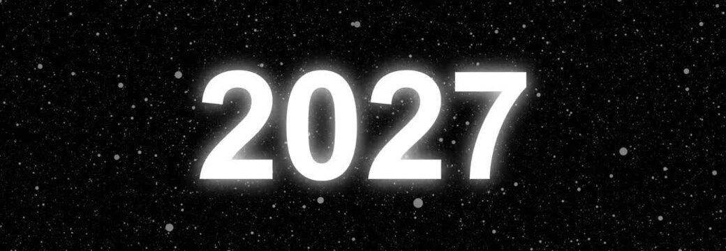 Glowing neon word of 2027 with goals icon on black background. 2027 concept of new year beginning, happy celebration, festival, new life, growth of business, investment, innovation.