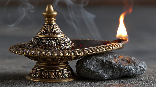 Traditional antique brass magic lamp with burning flame and rising smoke