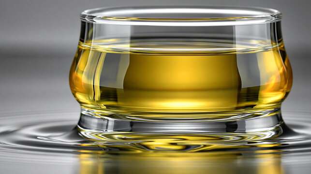 Clear glass containing golden liquid sitting on a reflective wet surface with still life