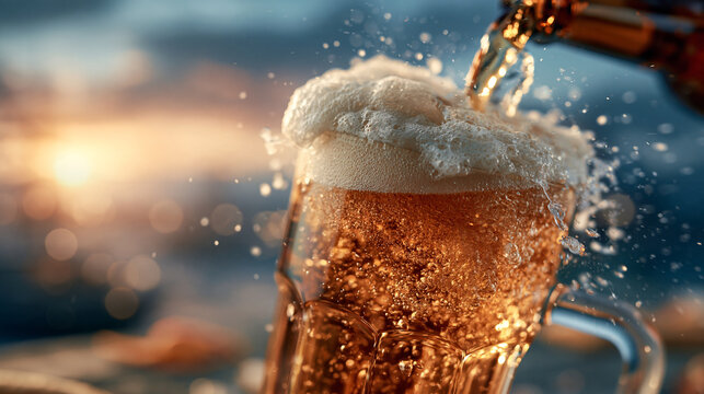 Refreshing golden lager beer pouring into a pint glass with frothy head