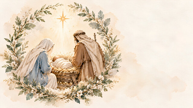 Watercolor Nativity Family Framed by Greenery and a Star