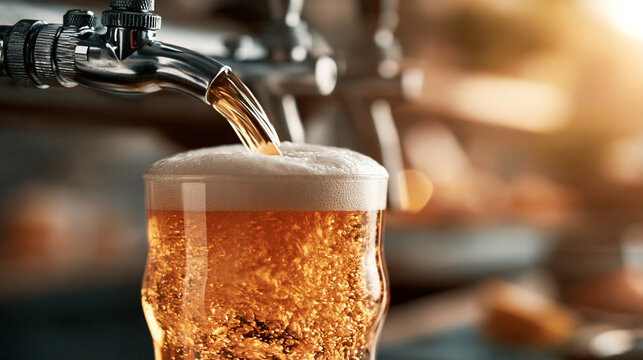 Fresh amber beer pouring from a draft tap into a chilled pint glass with pub culture