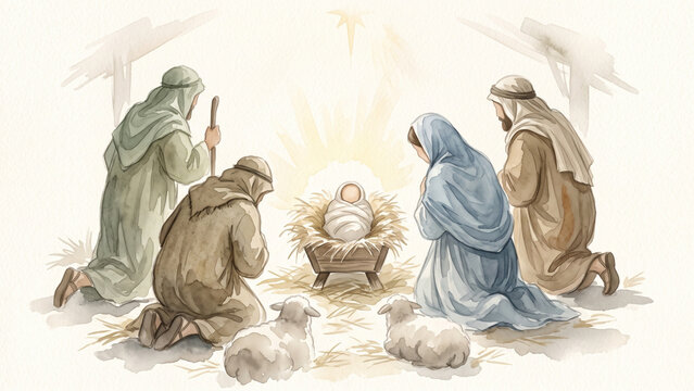 Visitors and Sheep Gather Around a Starlit Nativity Manger