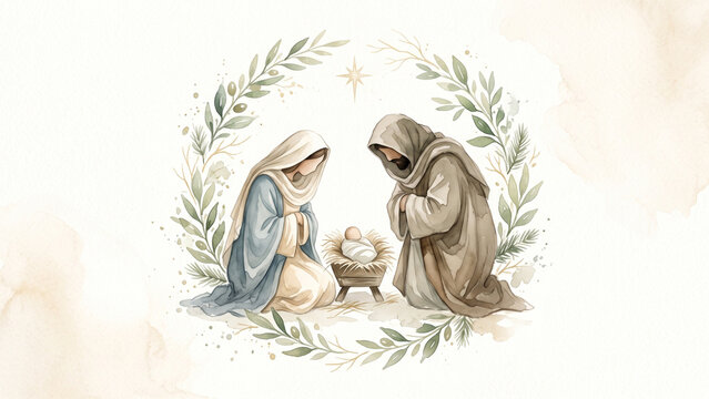 Watercolor Nativity Family Inside a Botanical Wreath
