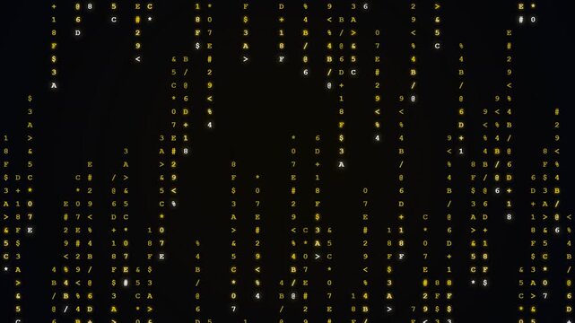 Golden matrix code streams falling on black background