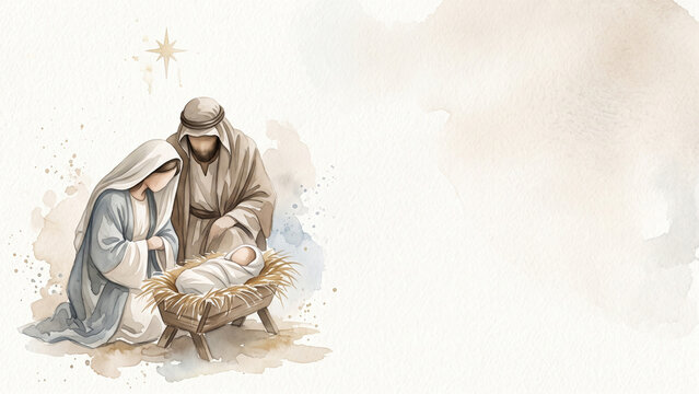 Minimal Watercolor Nativity with Star and Open Copy Space