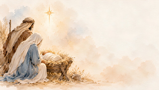 Watercolor Nativity with a Star and Copy Space on the Right