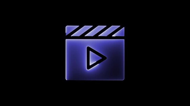 Purple neon clapperboard icon animation with glowing play button on black background for digital cinema and movie media.