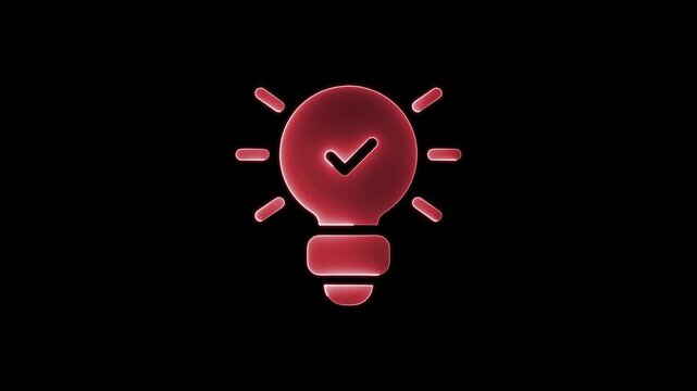 Red glowing light bulb with check mark symbolizing successful idea or solution on black background, motion graphic.