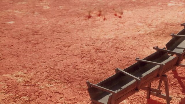 Empty wooden canal structure resting on wooden support beams above a field of parched and fractured red soil during a sunny day in the desert environment