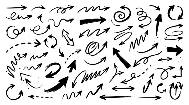 Set of hand drawn vector arrows and doodles isolated on white background for design