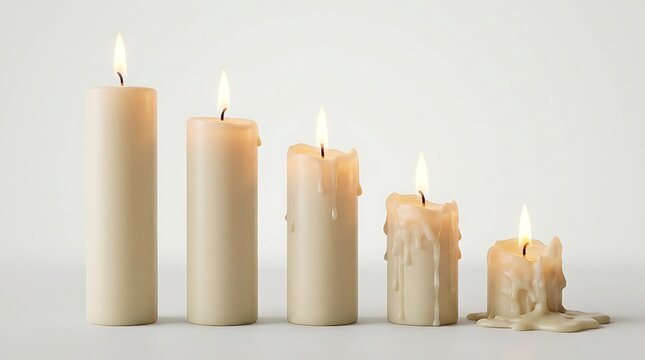 Row of White Pillar Candles Melting at Different Stages Isolated on White Background Representing Time and Aging Concept
