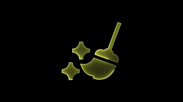 Glow cleaning broom icon flickering against black background representing hygiene maintenance motion graphics video clip.