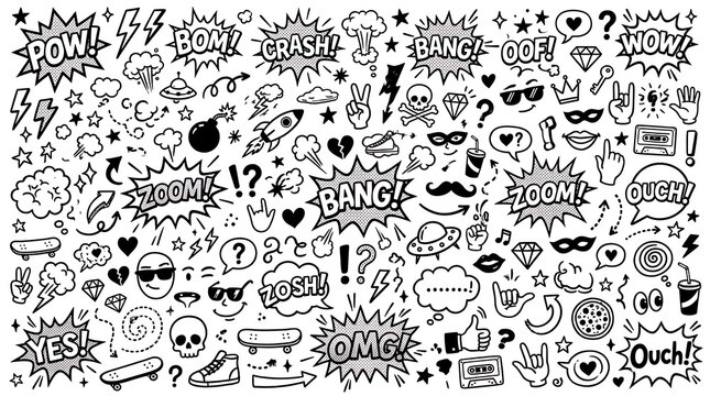 Comic book doodles set with speech bubbles sound effects and retro pop art hand drawn elements