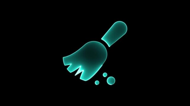 Neon broom and dust icon glowing with a soft pulse on black background representing digital cleanup and system utility.