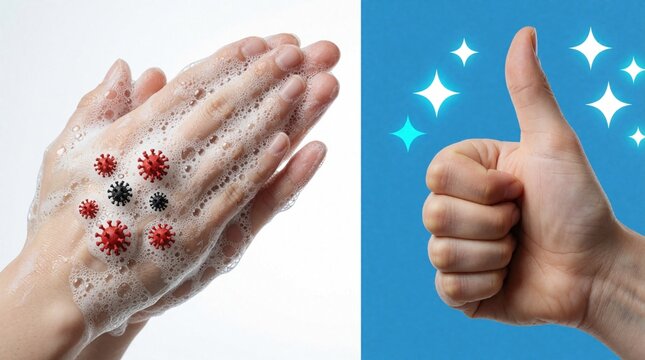 Person washes hands with soap foam to remove virus germs. Close up of hygiene routine for disease prevention. Thumbs up hand gesture shows success, cleanliness. Protect health with regular hand