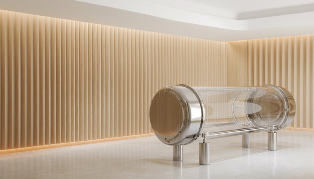 Modern hyperbaric oxygen therapy chamber in luxury longevity clinic with minimalist interior design