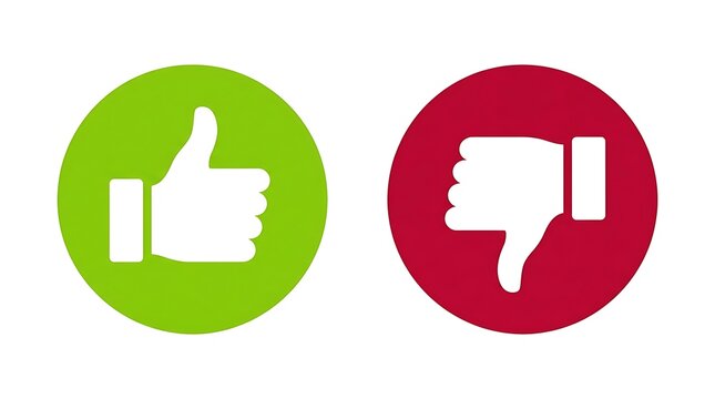 Thumbs up and thumbs down icons set, green and red symbols representing approval and disapproval, positive and negative feedback concept