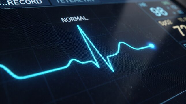 Heart rate monitor screen displaying normal electrocardiogram wave line in hospital medical equipment close up