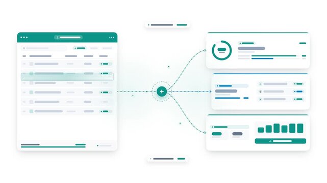 Clean minimal white wireframe data pipeline UI cards animation showing spreadsheet ingestion flow to analytics widgets with skeleton text.