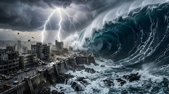 Powerful Tsunami and Violent Ocean Waves Under a Dark Stormy Sky, Massive Swells, Rough Sea Surface, Extreme Marine Weather, Natural Disaster Concept, Coastal Hazard and Cinematic Ocean Scene
