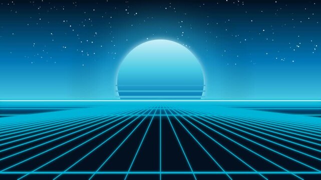 Retro synthwave landscape with glowing sun and neon grid
